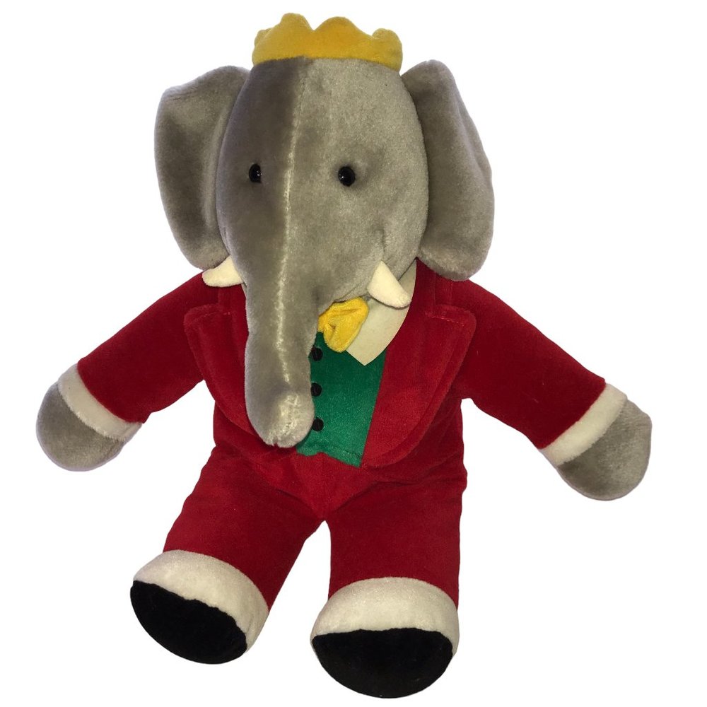 BABAR Elephant Plush in Red Velour Velvet Suit.  Yellow Crown King